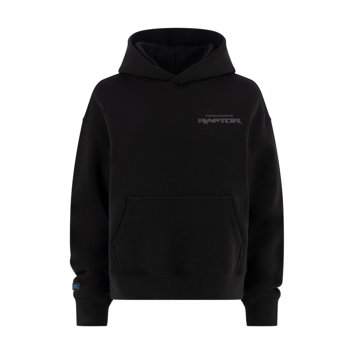 black women's hoodie with Ford Racing raptor text on a white background