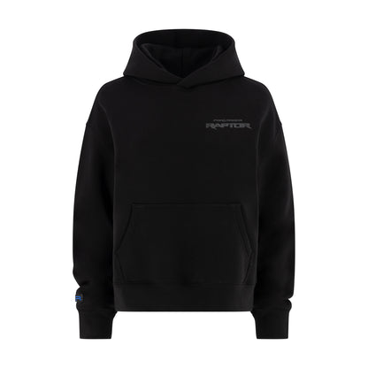 black women's hoodie with Ford Racing raptor text on a white background