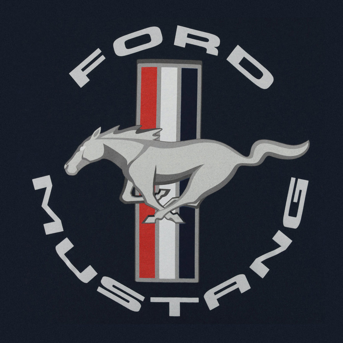Ford Mustang logo with a horse and red, white, and blue stripes on a dark background
