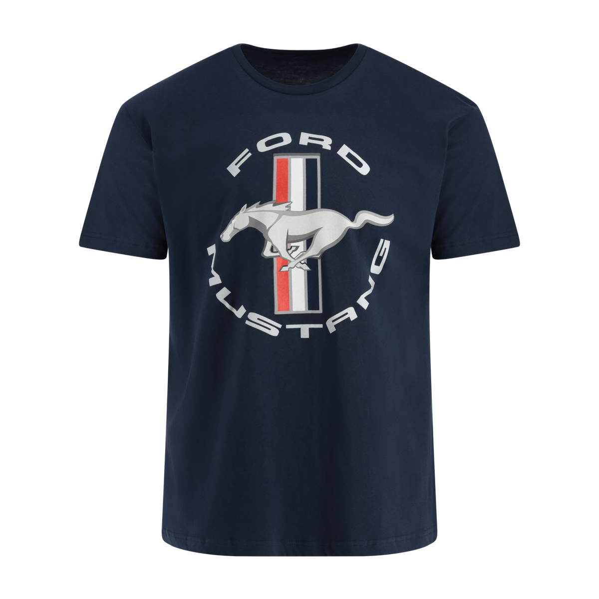 Navy blue t-shirt with Ford Mustang logo on a white background