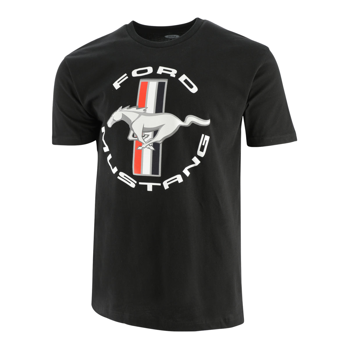 black t-shirt with Ford Mustang text and a tribar logo 