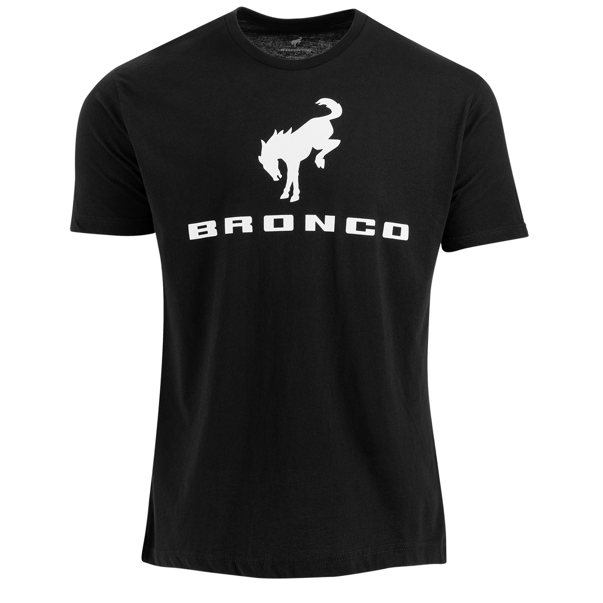 A heathered black short-sleeved men's t-shirt with a Bronco logo printed on the front and a ribbed collar.