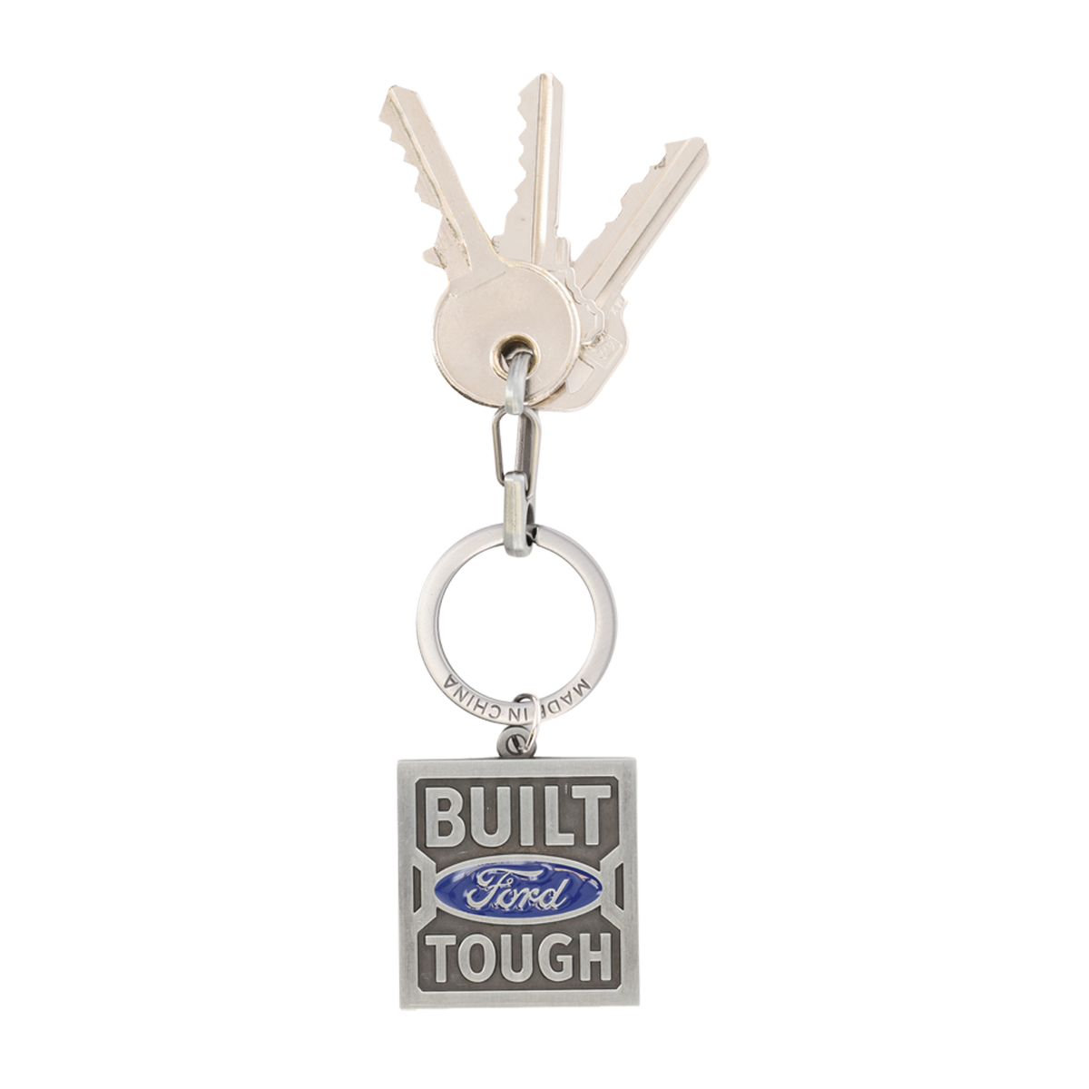 Keychain with keys and 'Built Ford Tough' logo on a white background