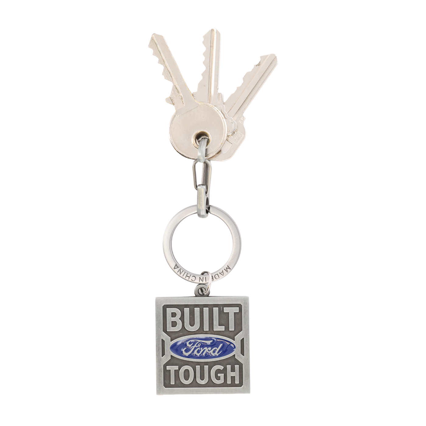 Keychain with keys and 'Built Ford Tough' logo on a white background