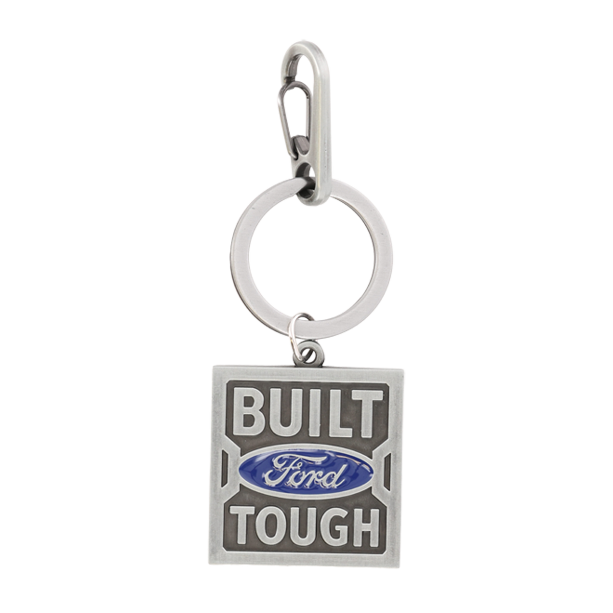 Keychain with 'Built Ford Tough' text and logo on a white background