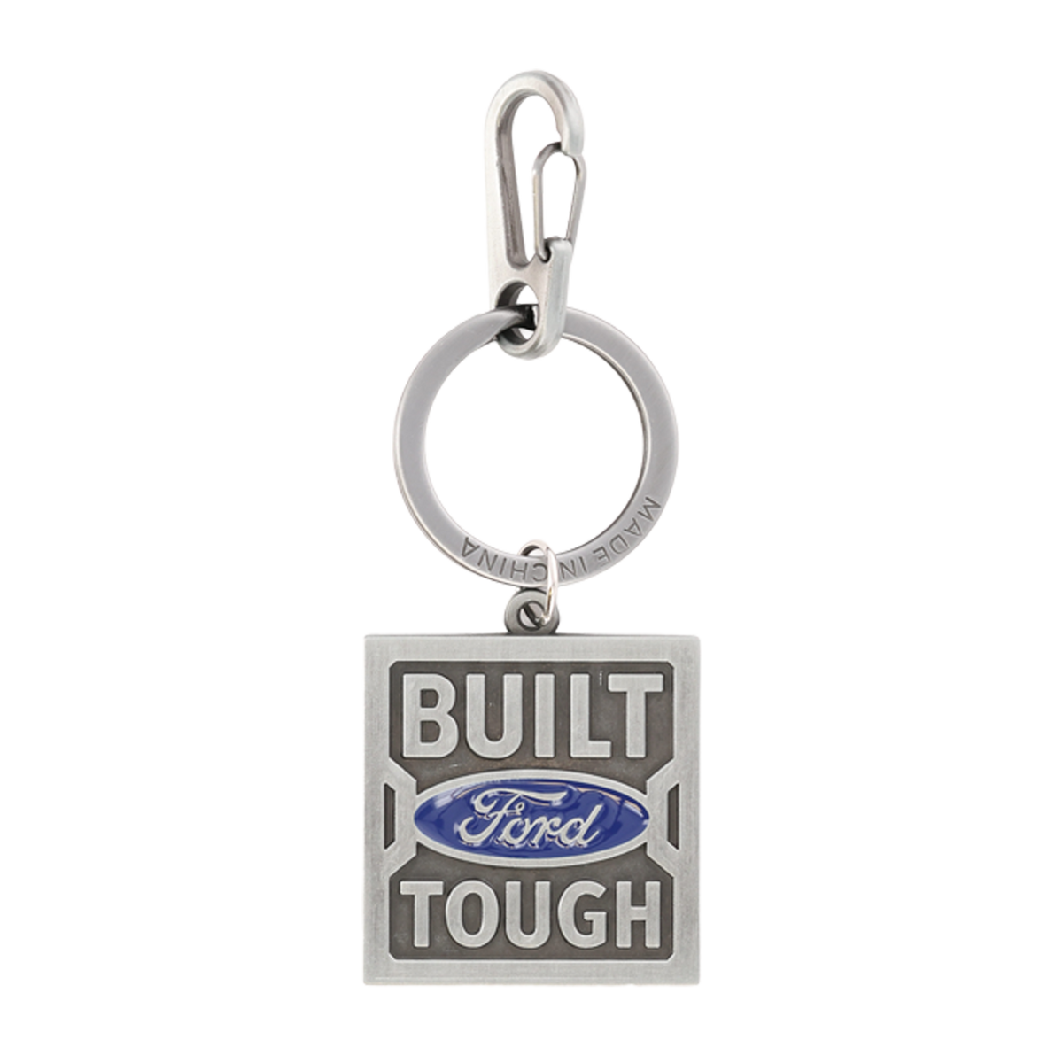 Keychain with 'Built Ford Tough' text and logo on a white background