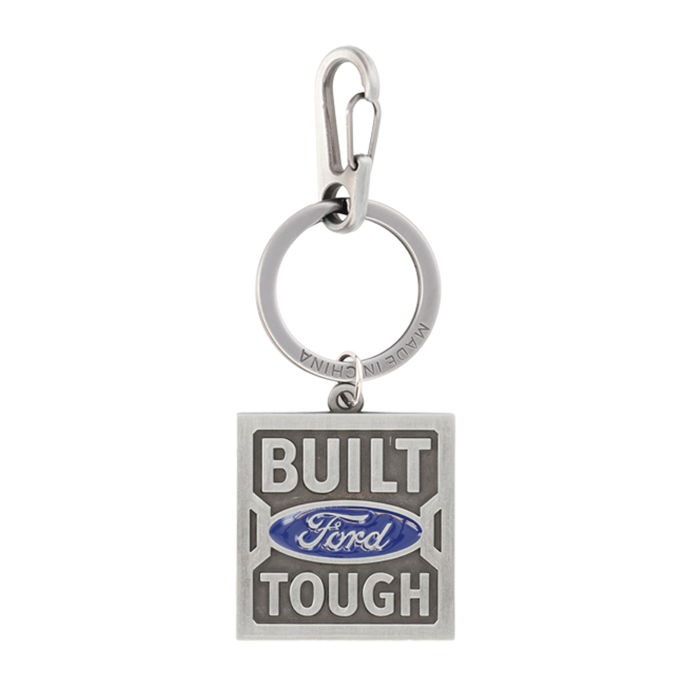 Keychain with 'Built Ford Tough' text and logo on a white background