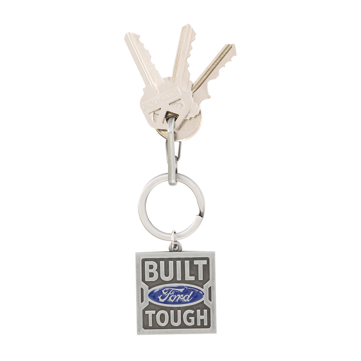 Keychain with 'Built Ford Tough' logo on a white background