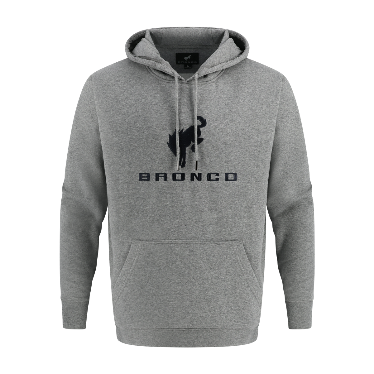Gray hoodie with 'Bronco' logo on a white background