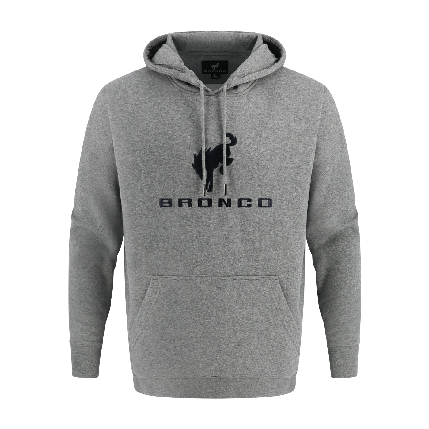 Gray hoodie with 'Bronco' logo on a white background