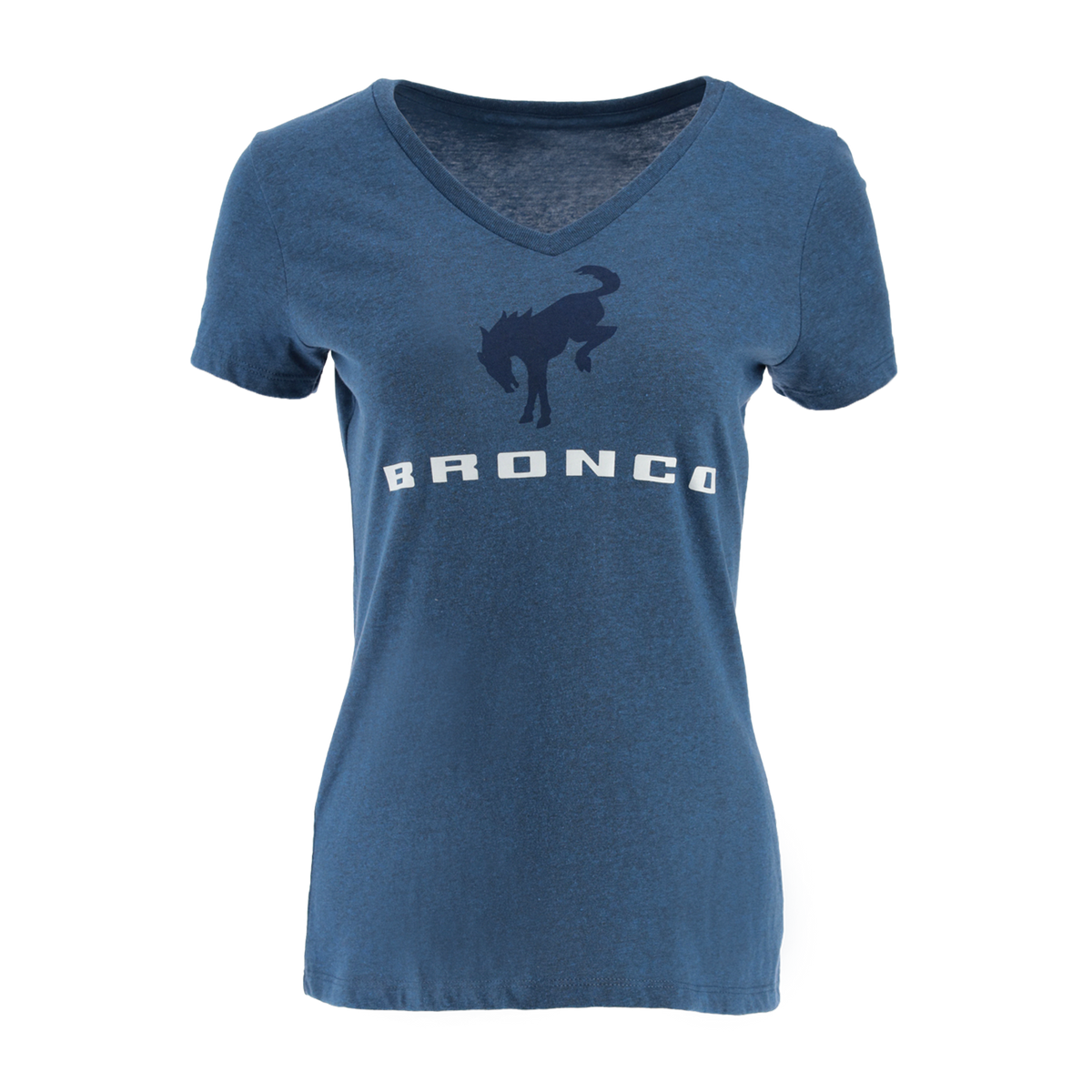 Blue t-shirt with 'Bronco' logo on a white background