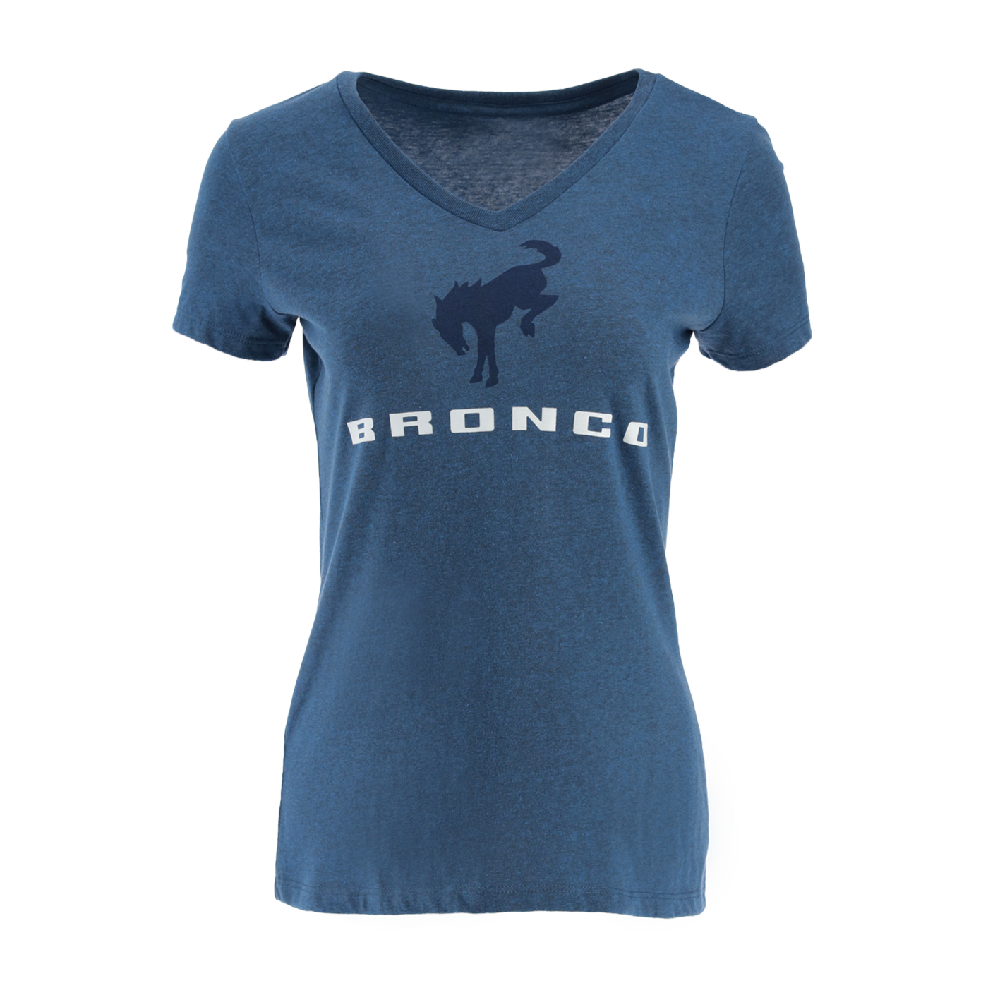 Blue t-shirt with 'Bronco' logo on a white background