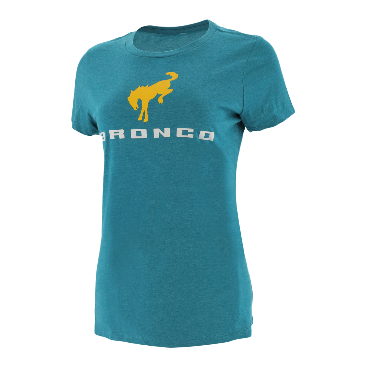 teal t-shirt with a yellow bucking Bronco and Bronco text