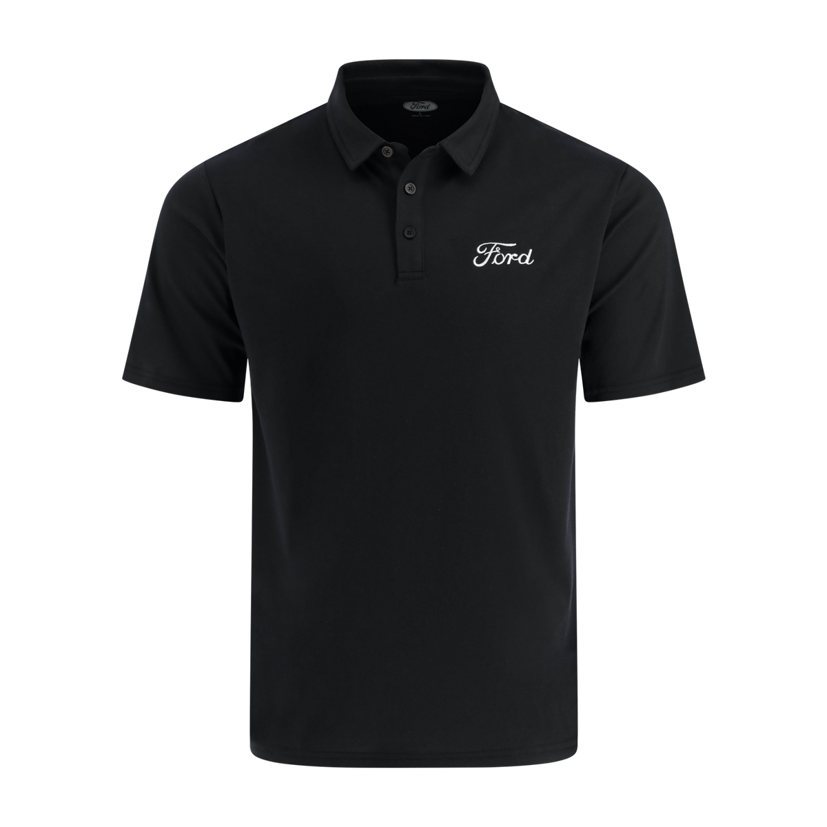 Black polo shirt with Ford logo on a white background