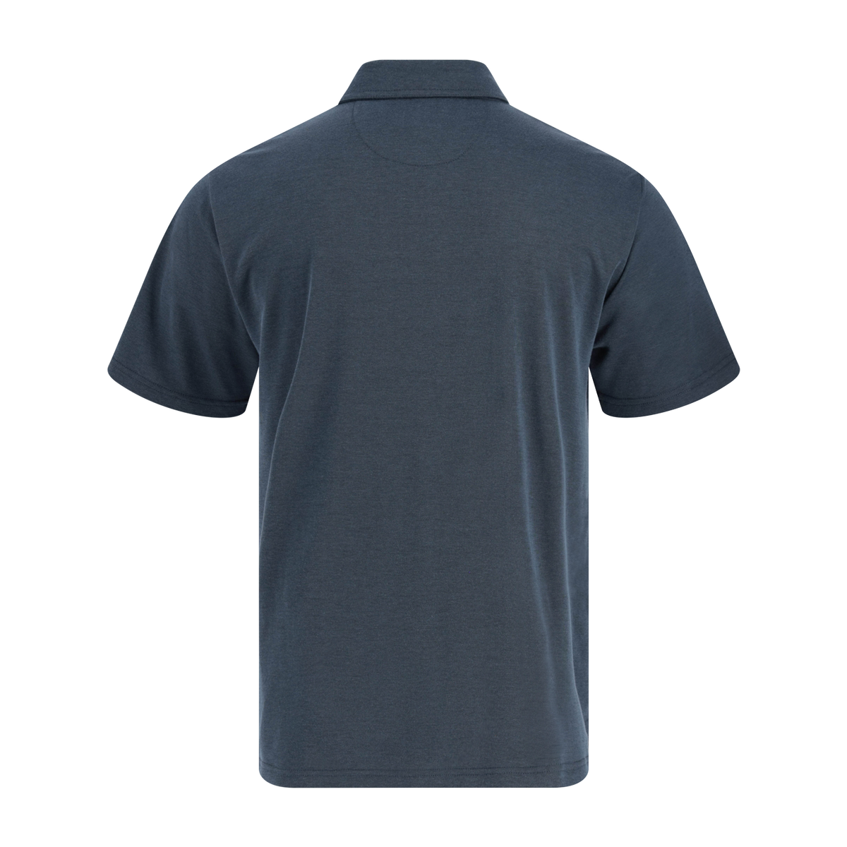 Back view of a dark gray polo shirt on a white background