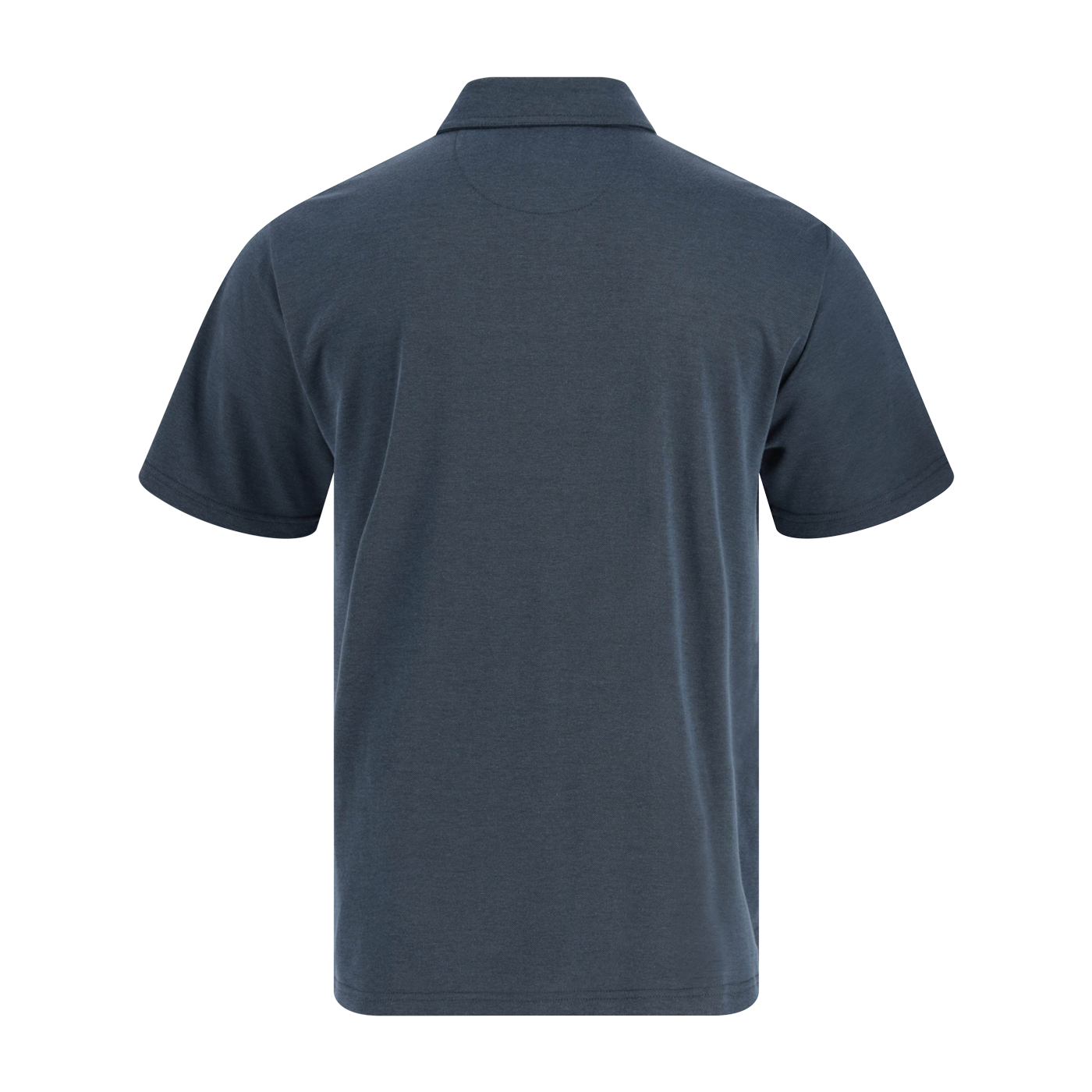 Back view of a dark gray polo shirt on a white background