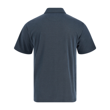 Back view of a dark gray polo shirt on a white background
