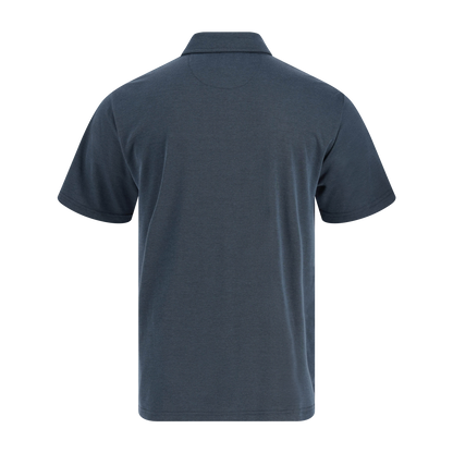 Back view of a dark gray polo shirt on a white background