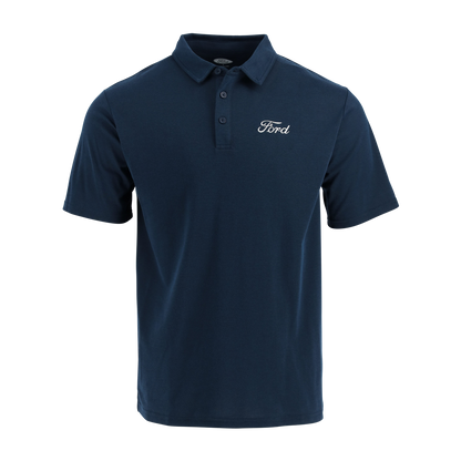 Navy blue polo shirt with Ford logo on a white background