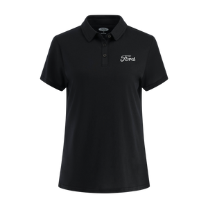 A classic black women's Ford polo shirt with a collar, three-button placket, and the Ford logo embroidered on the left chest.