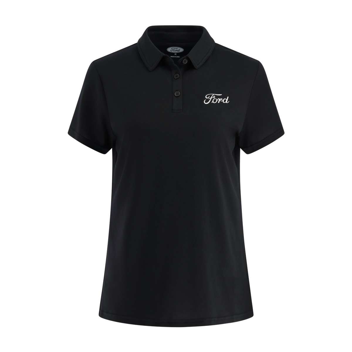 A classic black women's Ford polo shirt with a collar, three-button placket, and the Ford logo embroidered on the left chest.