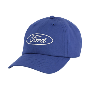 front of blue hat with white ford script in a white outlined oval