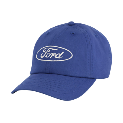 front of blue hat with white ford script in a white outlined oval