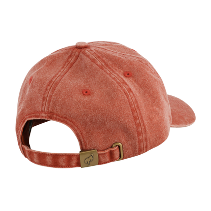 Reddish-brown baseball cap with a gold tag on a white background