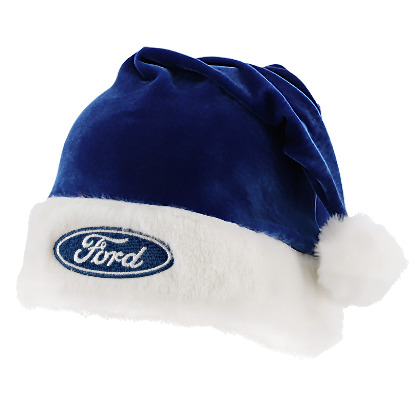 A blue and white holiday hat with the Ford oval logo on the front cuff, featuring a fluffy white trim.