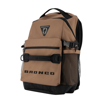Brown and black backpack with 'Bronco' branding on a white background