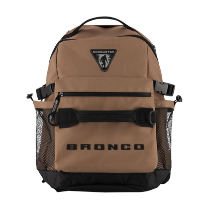 Brown backpack with black accents and 'Bronco' branding on a white background