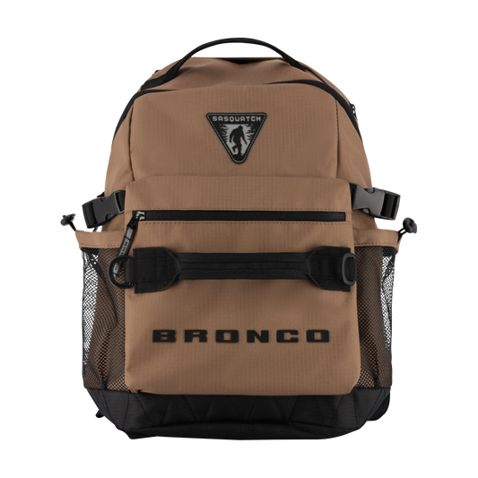 Brown backpack with black accents and 'Bronco' branding on a white background