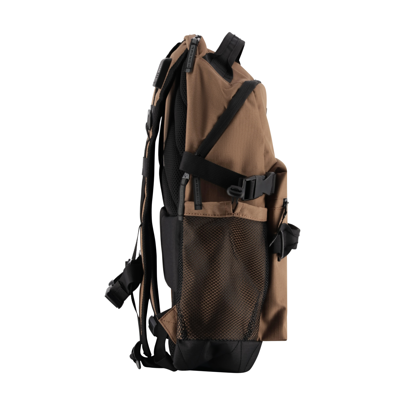 Brown backpack with black straps on a white background