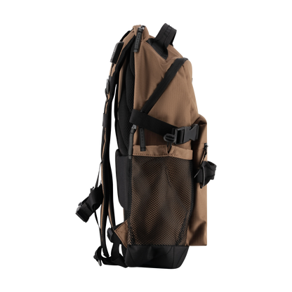 Brown backpack with black straps on a white background