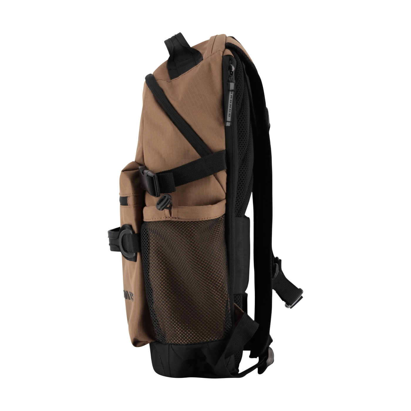 Brown and black backpack on a white background