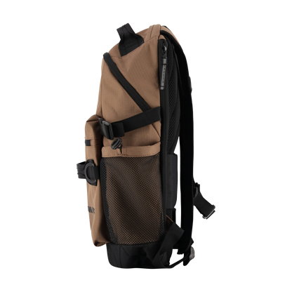 Brown and black backpack on a white background