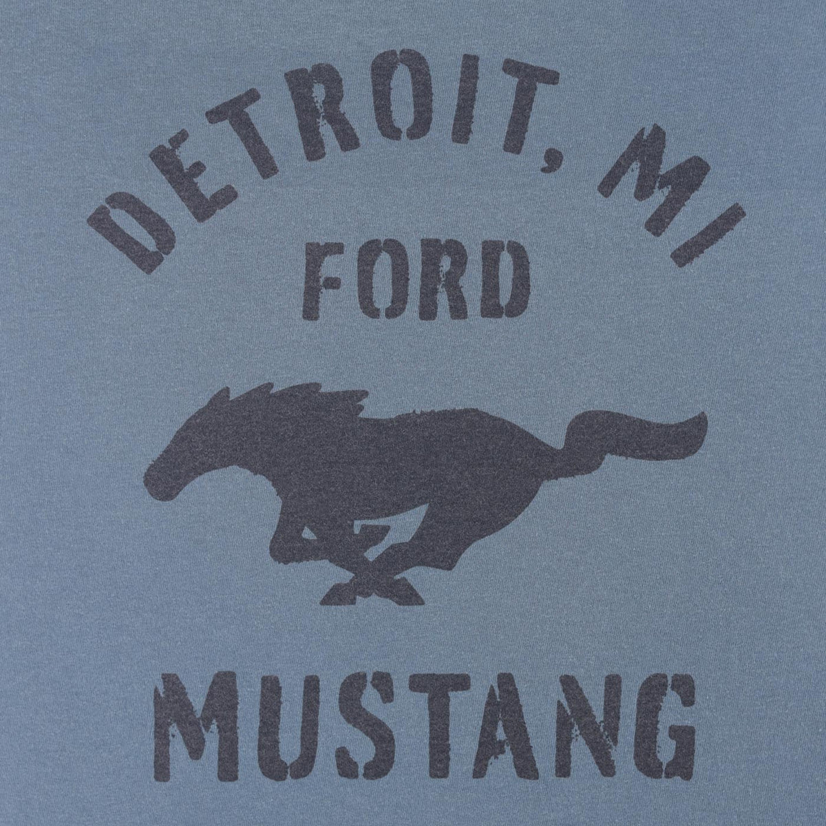 Vintage-style Ford Mustang logo with 'Detroit, MI' text on a blue background