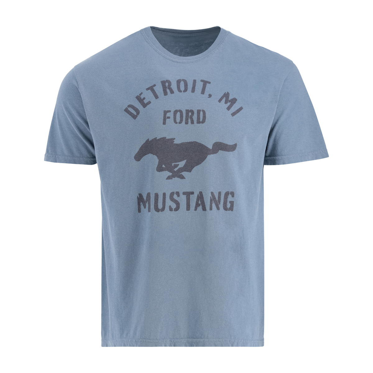 Blue t-shirt with 'Detroit, MI Ford Mustang' text and horse graphic on a white background