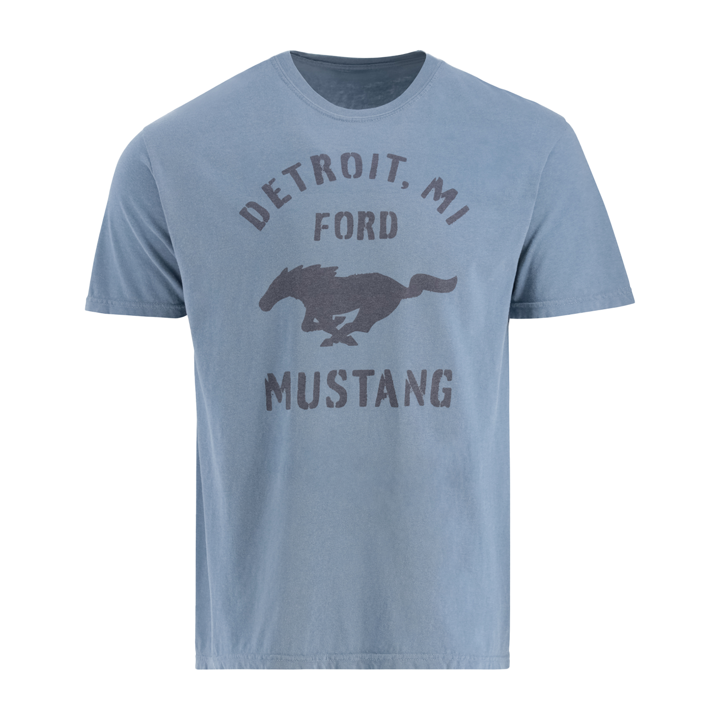 Blue t-shirt with 'Detroit, MI Ford Mustang' text and horse graphic on a white background