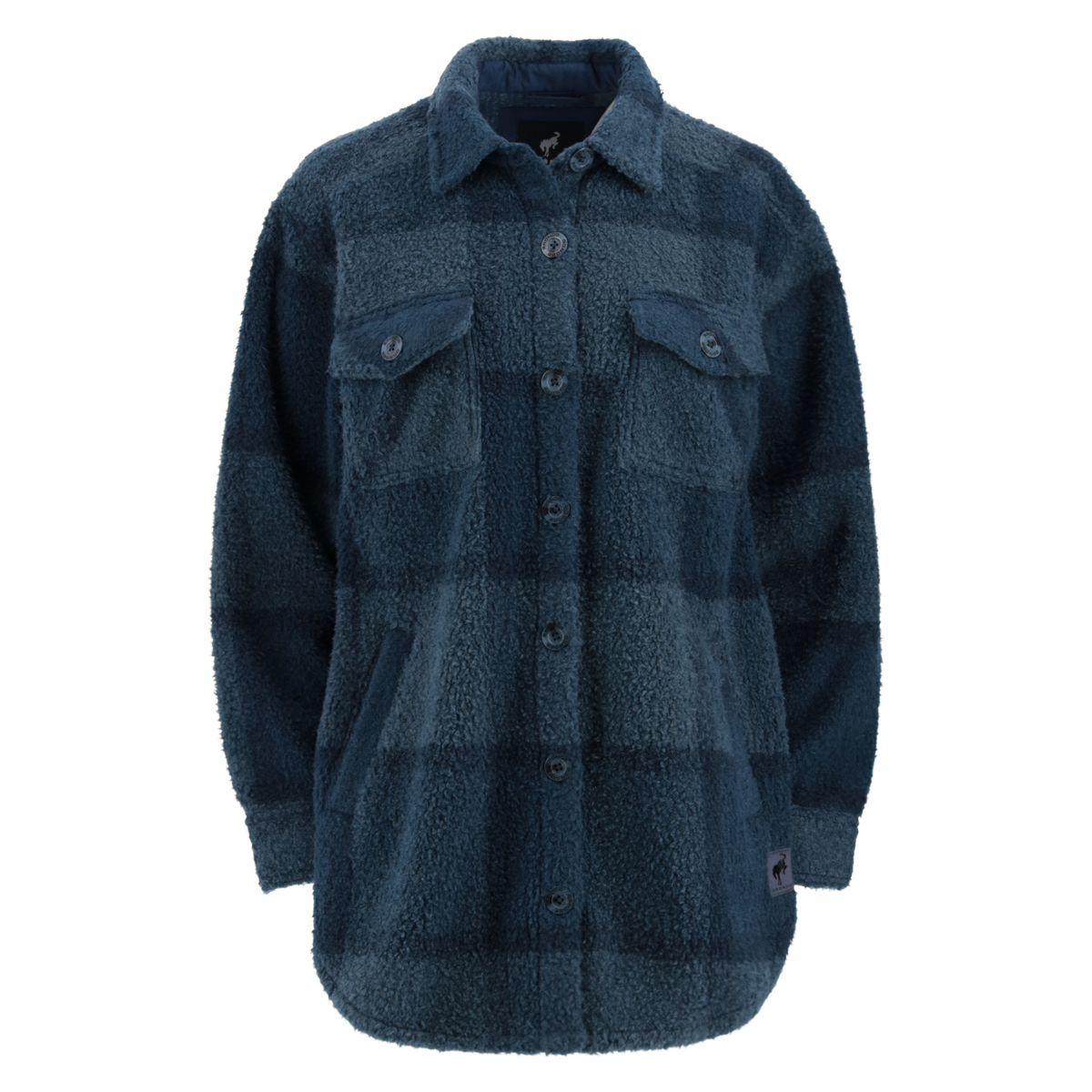 A long-sleeve women's plaid shirt jacket with buttons, featuring a knit weave in blue with plaid checks. It has two front chest pockets with buttons and a leather patch on the bottom left hem.