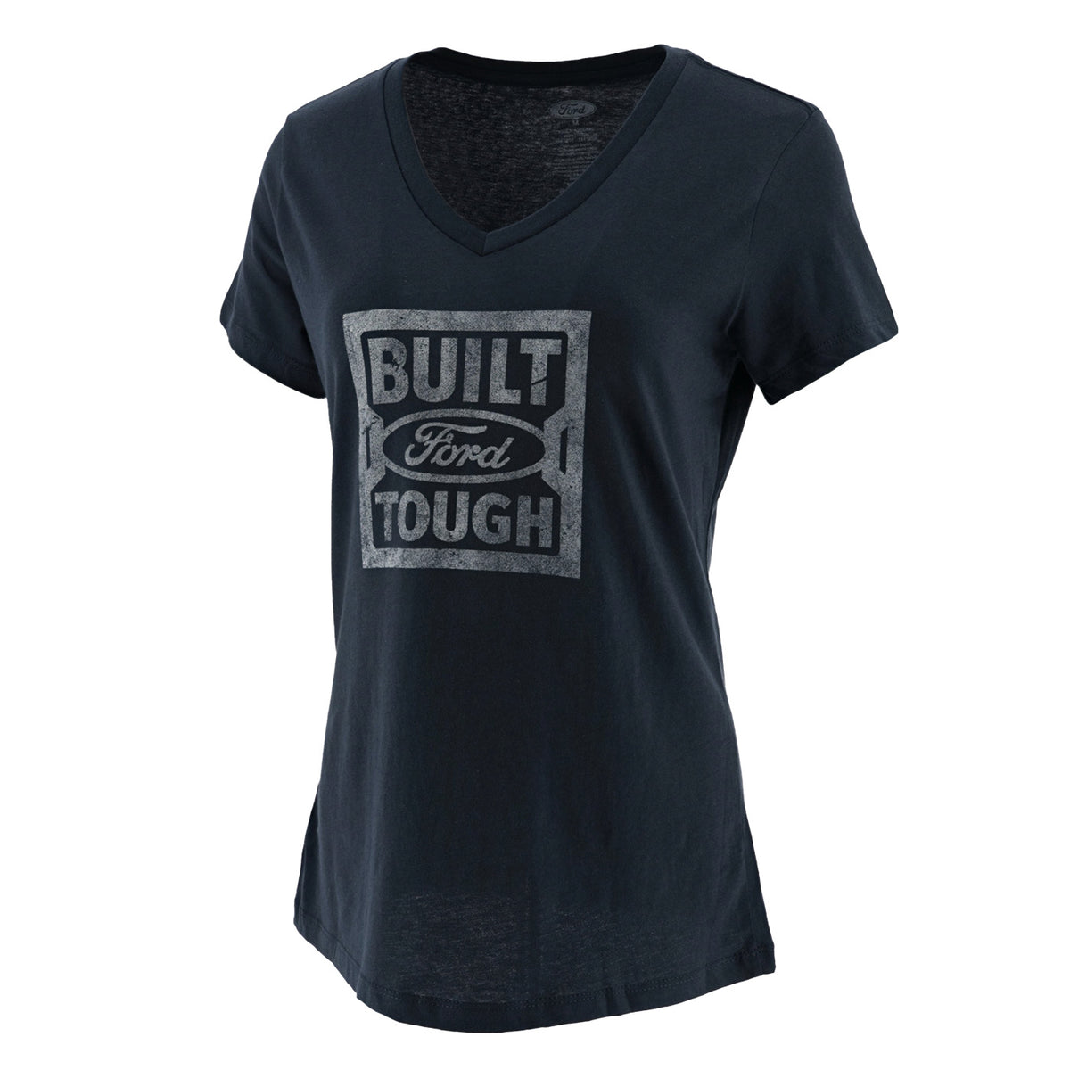 navy blue v neck t shirt with a built ford tough logo