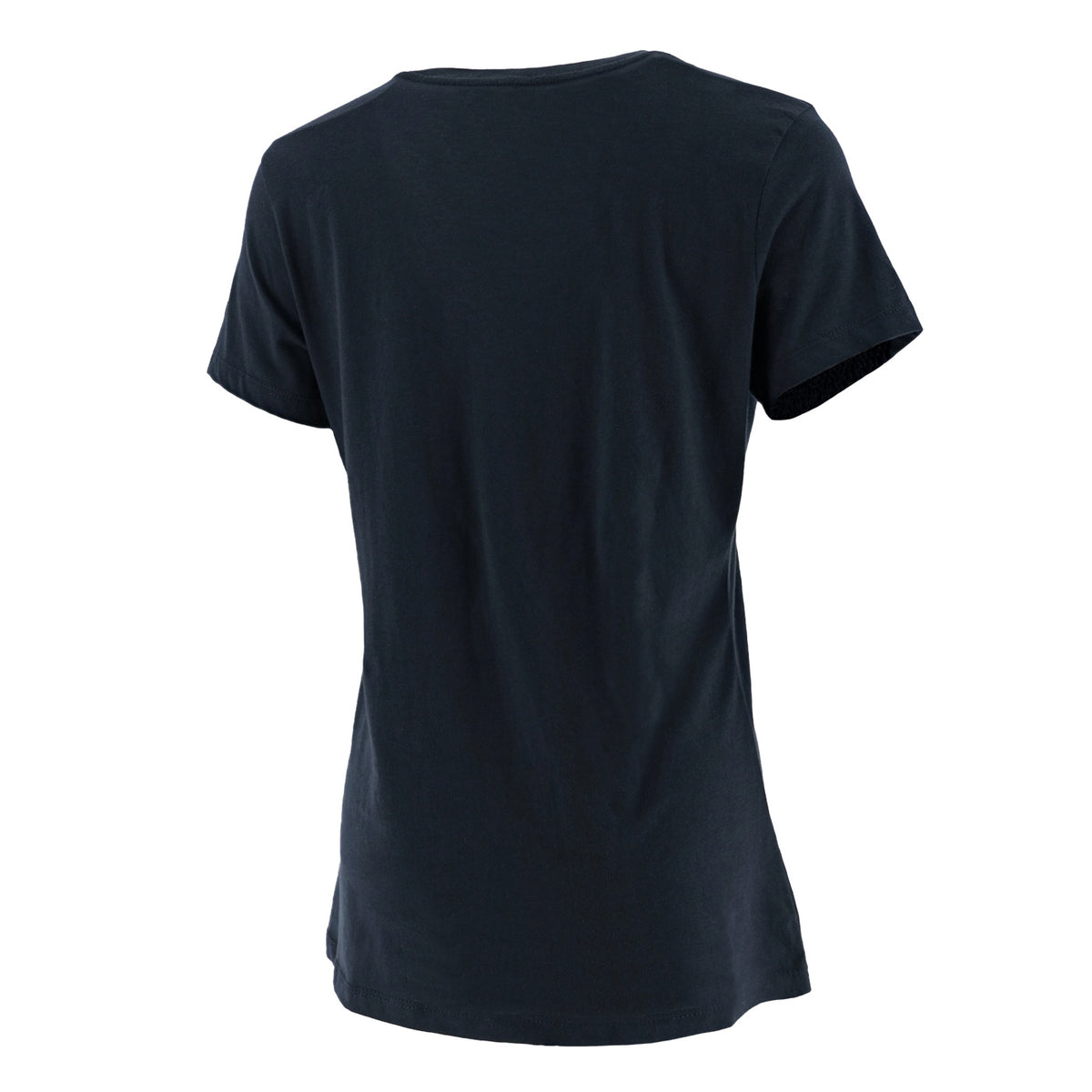 back of a navy blue t-shirt on a white background