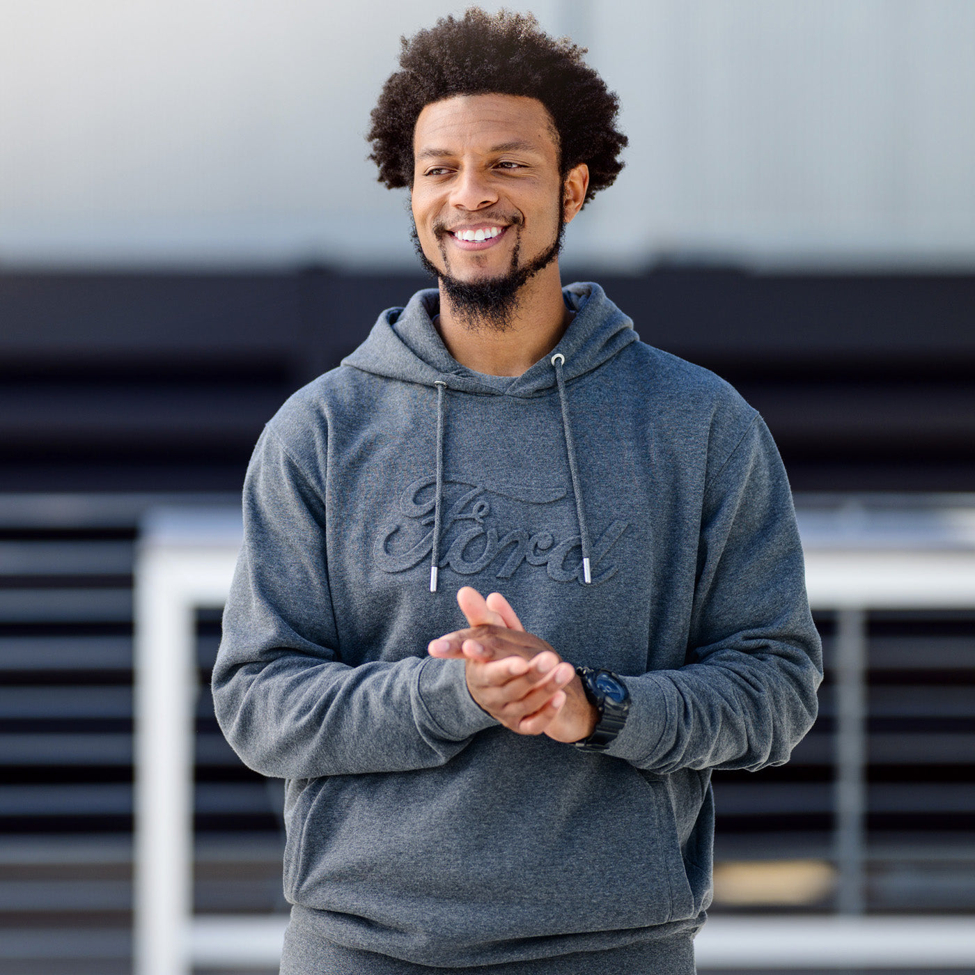 Ford Mens Embossed Script Gray Fleece Hoodie