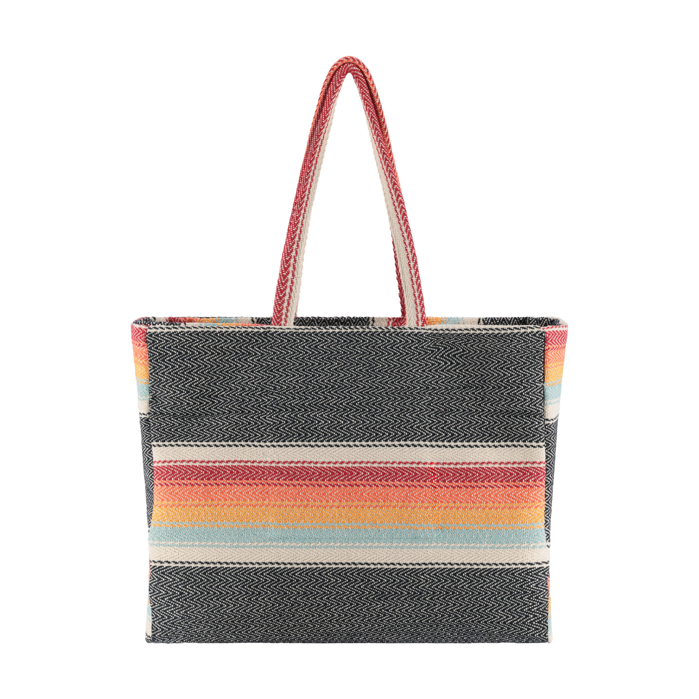 Tote bag with colorful striped pattern on a white background