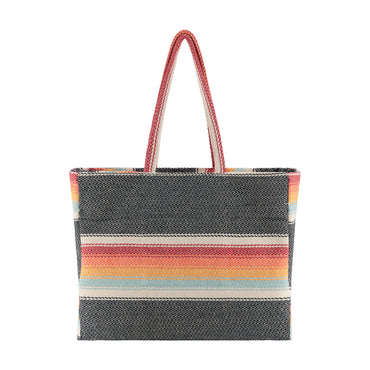 Tote bag with colorful striped pattern on a white background