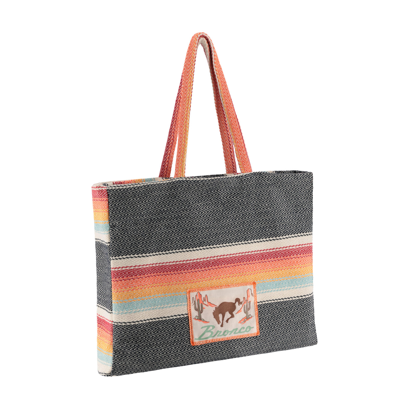 Tote bag with colorful striped pattern and Bronco brand logo on a white background