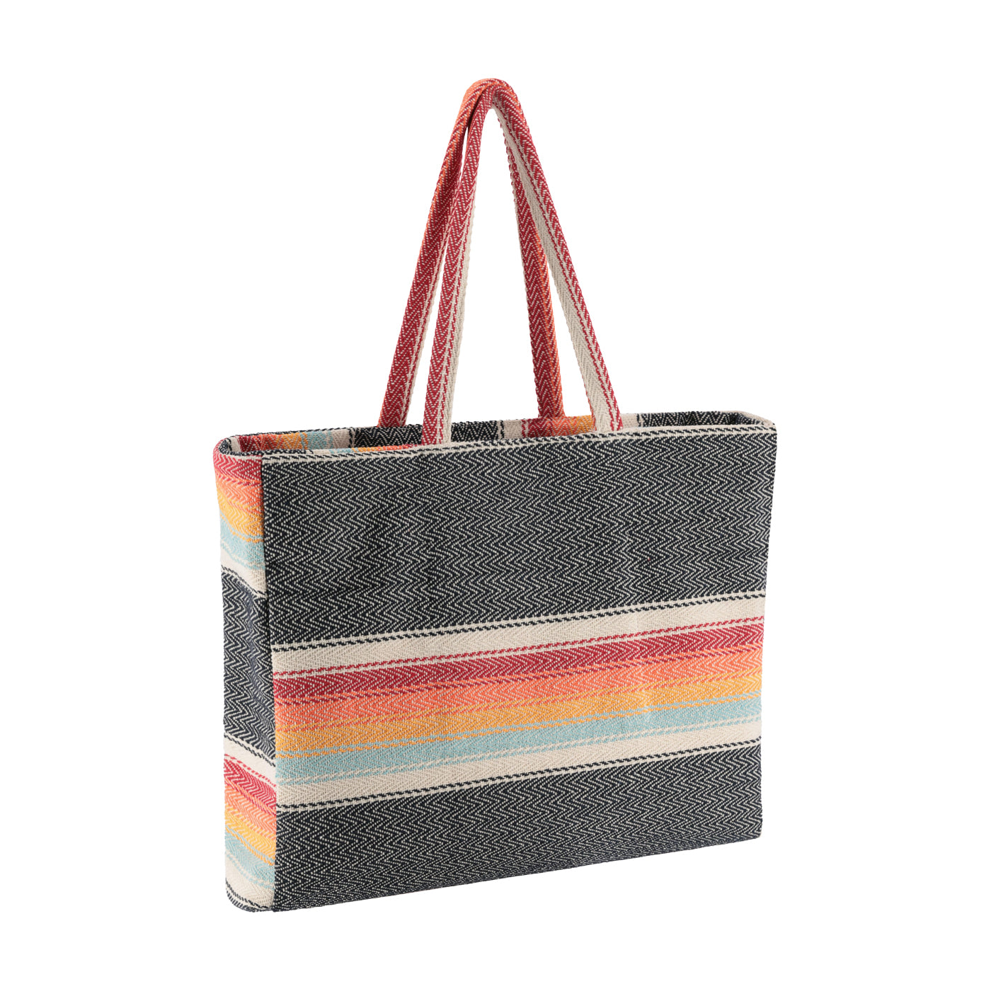 Tote bag with colorful striped pattern on a white background