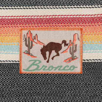 Patch with a bronco and cactus design on a woven fabric background