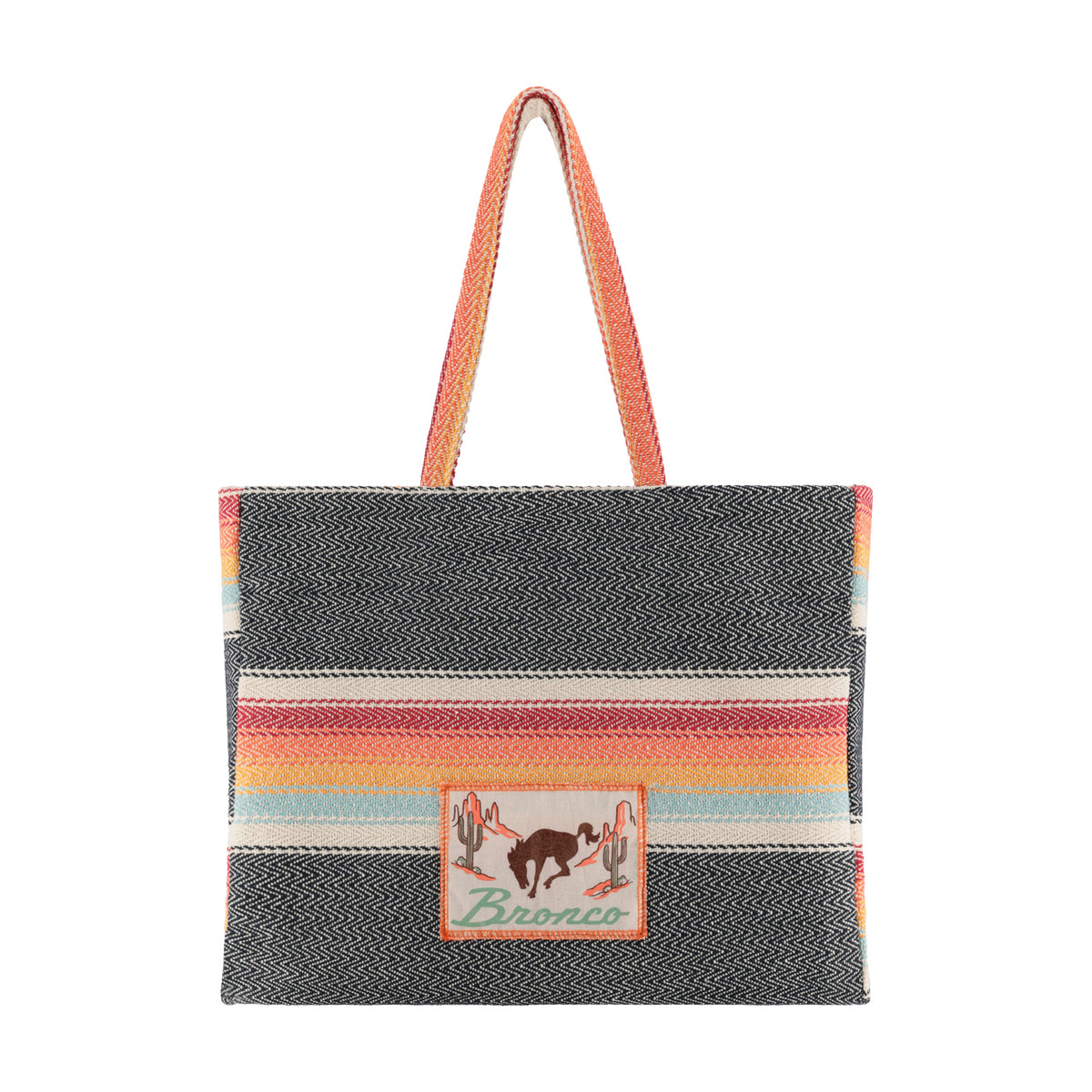 Bronco Tote bag with colorful striped pattern and brand logo on a white background