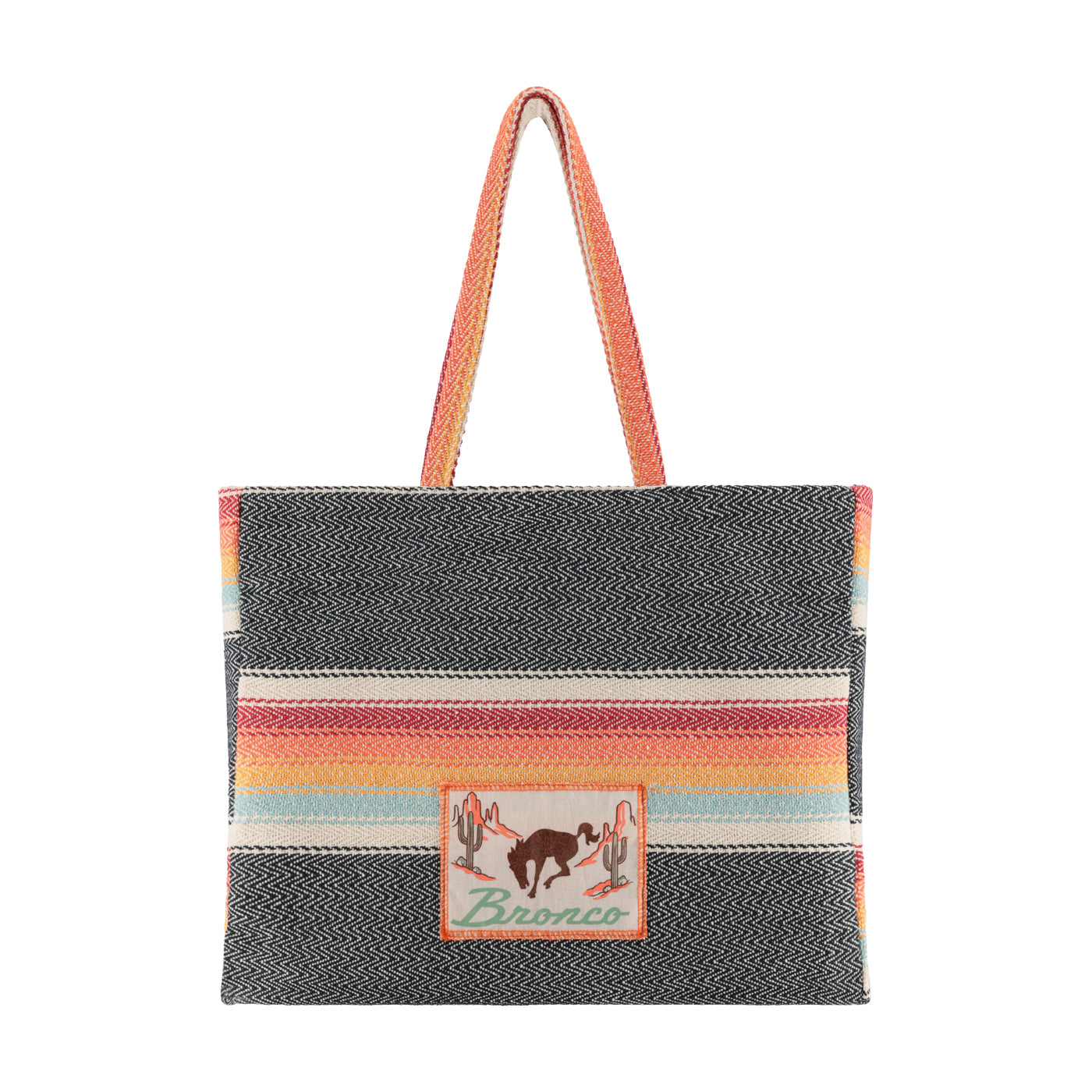 Bronco Tote bag with colorful striped pattern and brand logo on a white background